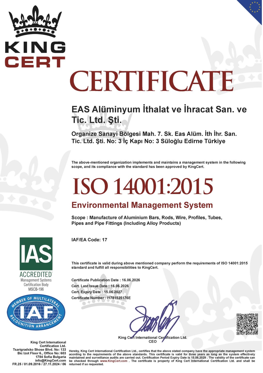 ISO 14001:2015 environmental management certification for EAS Aluminium